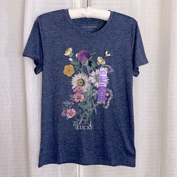 Lucky Brand S-XL Heather Blue Floral Bloom Short Sleeve Tee in Dress Blues - Picture 2 of 11